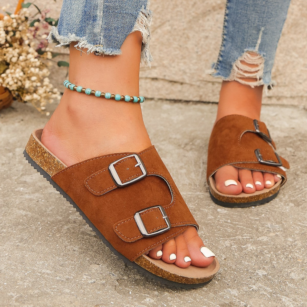 Solid Color Round Head Buckle One-shaped Flat For Outdoors Leisure Sandals