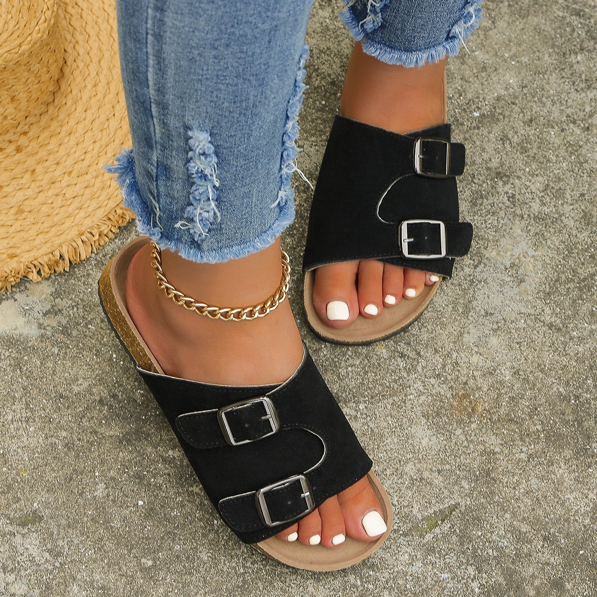 Solid Color Round Head Buckle One-shaped Flat For Outdoors Leisure Sandals