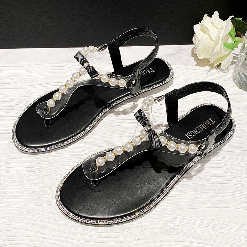 Women's Rhinestone Flat Sandals With Pearl Toe