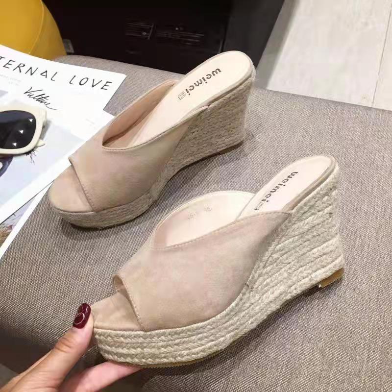 Women's Fashion Word Strap Peep Toe Suede Platform Platform Wedge Slippers