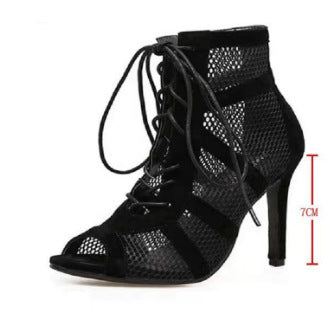 Black Mesh Suede Fashion Cross Lace-up Sexy Women's High Heel Plus Size Shoes