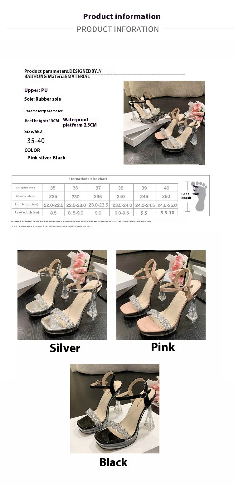 Buckle Transparent Strap Rhinestone Thick Heel Super High Heel Casual Fashion Sandals