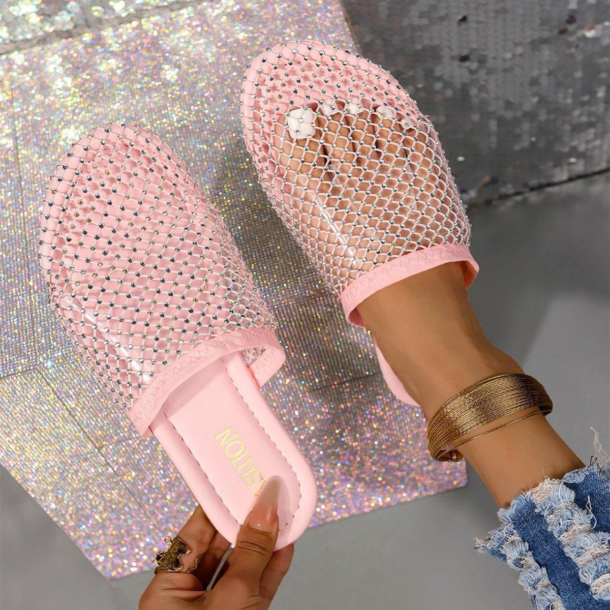 Hollow-toe Transparent Hollow Sandals With Rhinestones Summer Fashion Outdoor Slippers Flat Shoes For Women